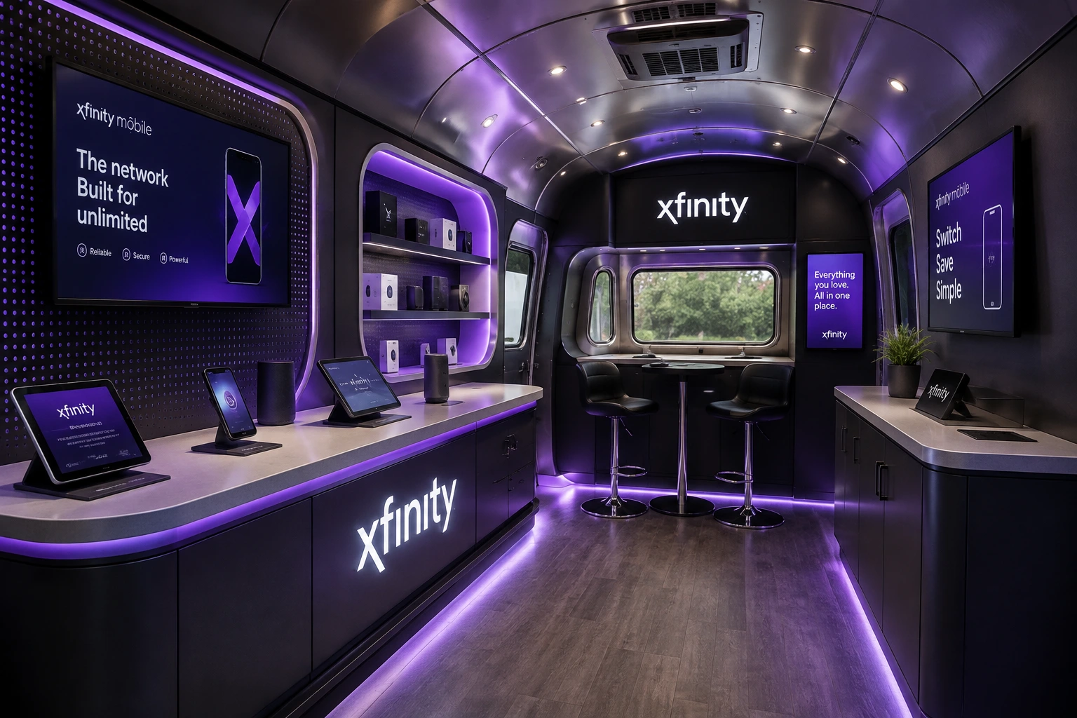 Inside the Xfinity Connection Lab with digital displays and merchandise