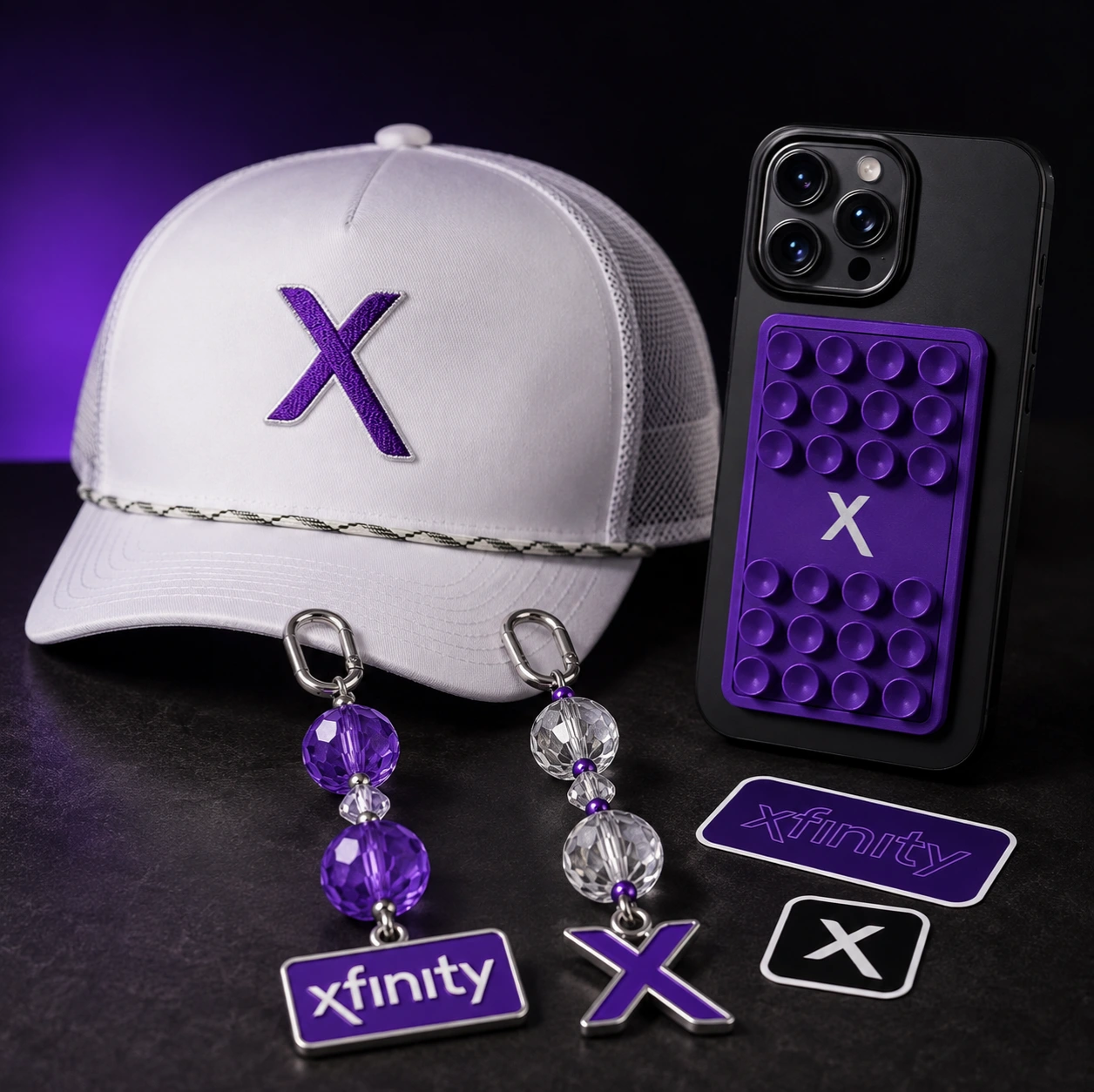 Xfinity cap, phone accessory, patches and branded merchandise
