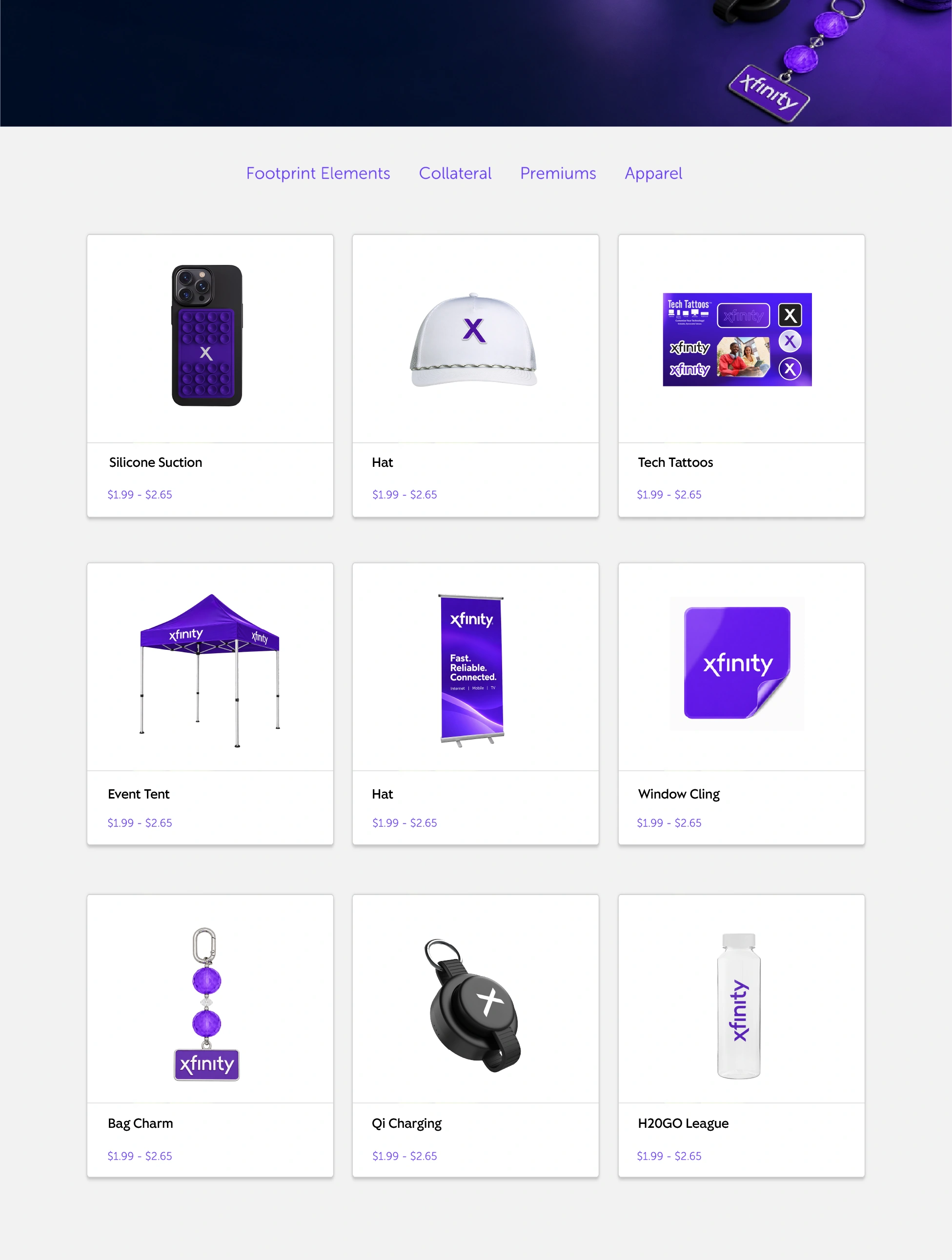 Xfinity approved merchandise and event kit catalog concept