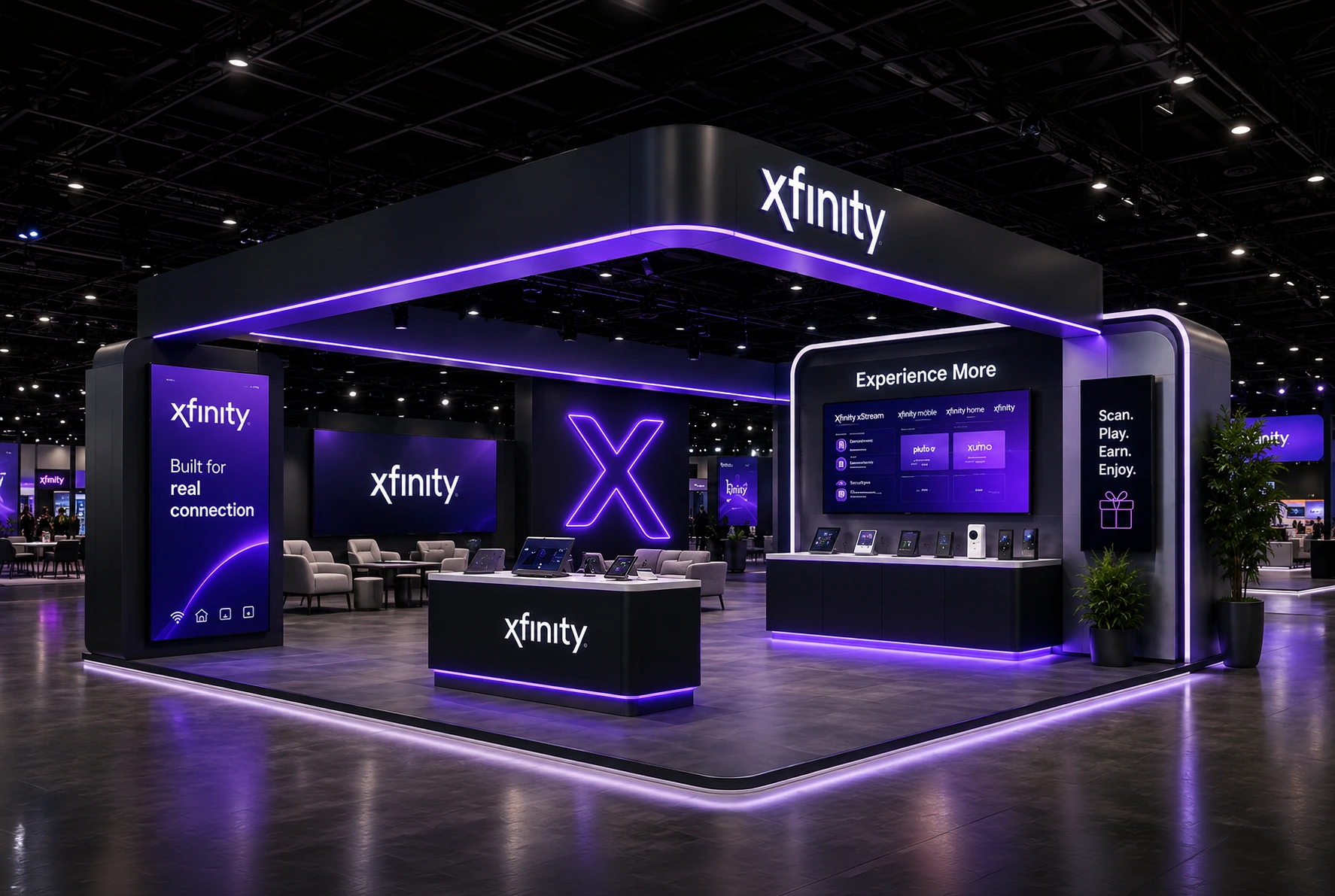 Xfinity Experience Hub: architectural structure with purple lighting, integrated screens and modular counters